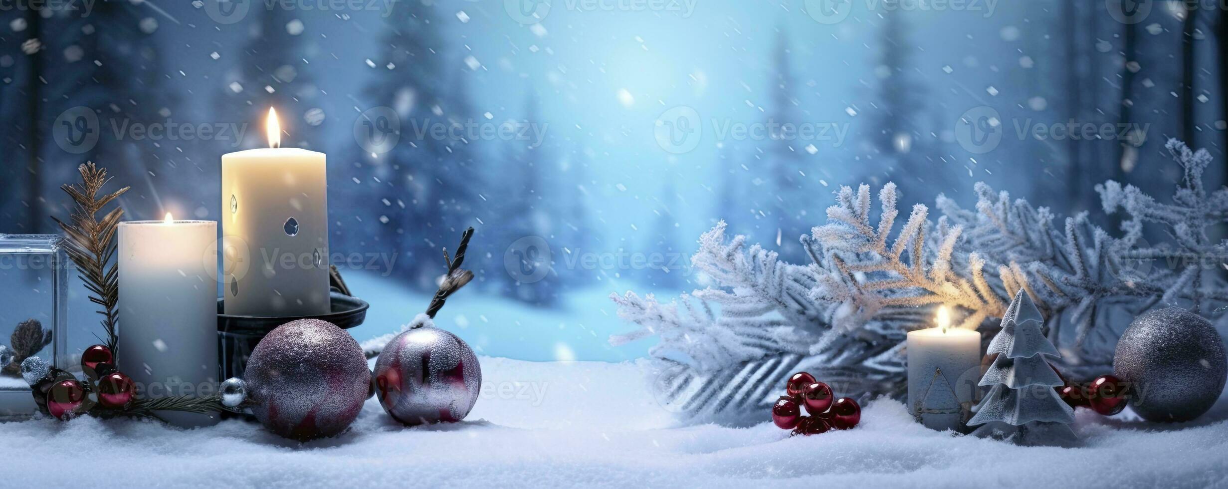 AI generated Winter Forest Landscape With Burning Candles Christmas Decoration. AI Generated photo