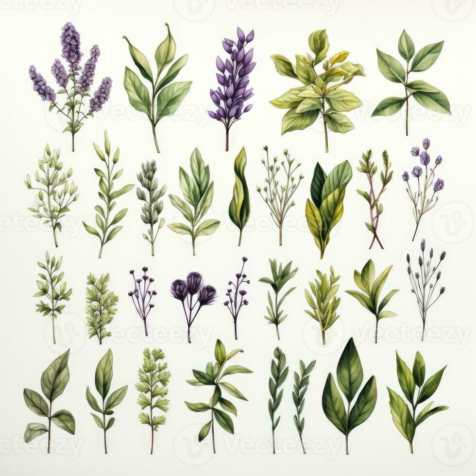 AI generated Collection of watercolor herbs clipart on white background. AI Generated photo