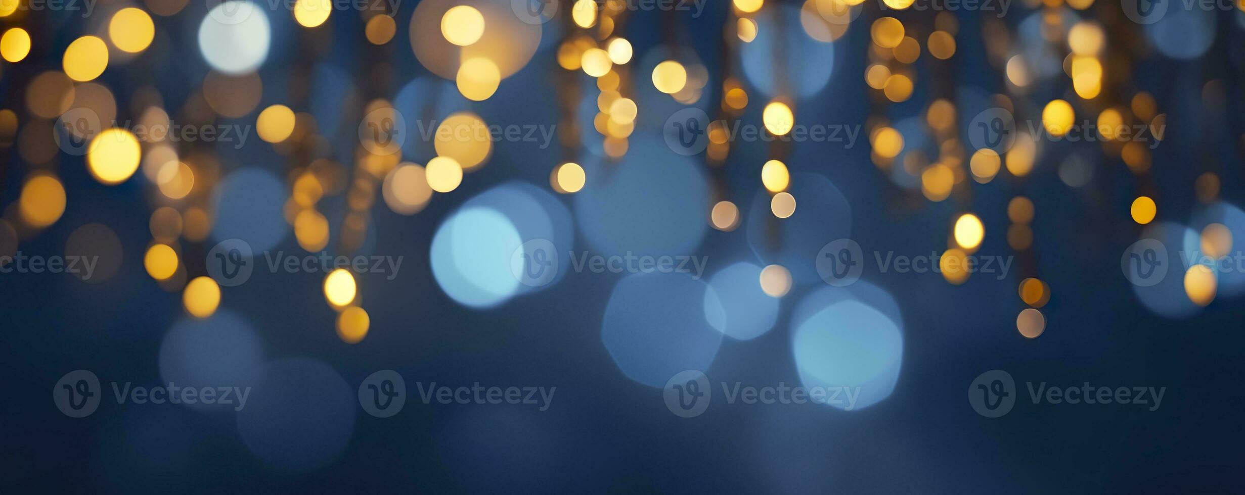 AI generated holiday illumination and decoration concept, Christmas garland bokeh lights over dark blue background. AI Generated photo