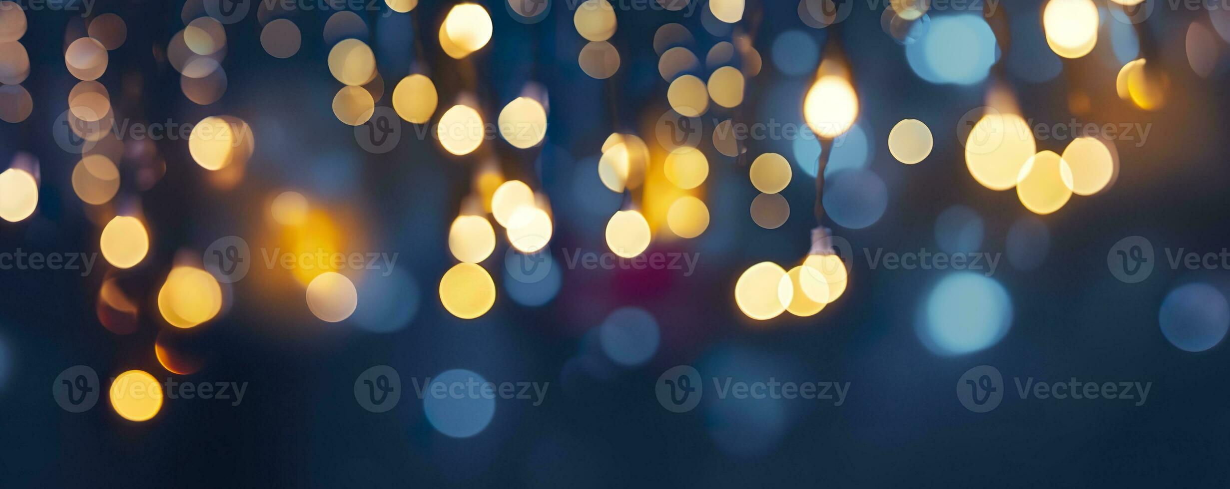 AI generated holiday illumination and decoration concept, Christmas garland bokeh lights over dark blue background. AI Generated photo