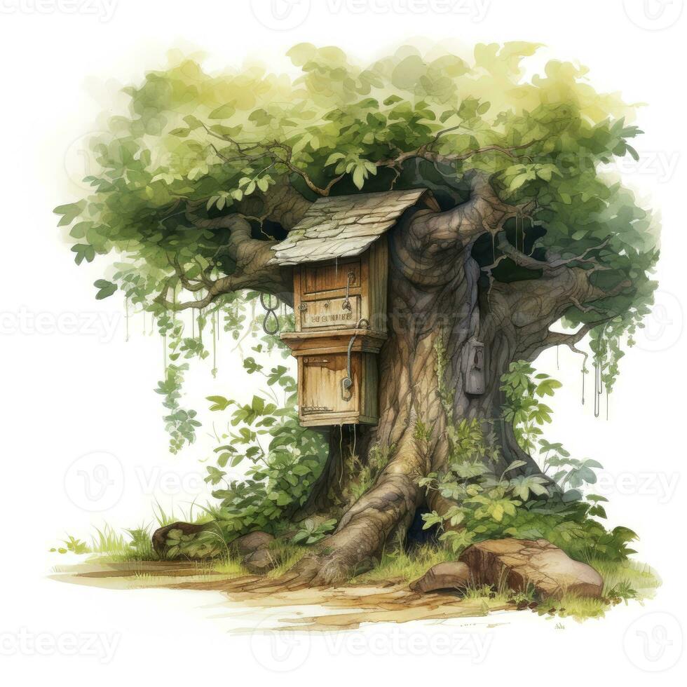 AI generated Watercolor mailbox in a tree on a white background. AI Generated photo