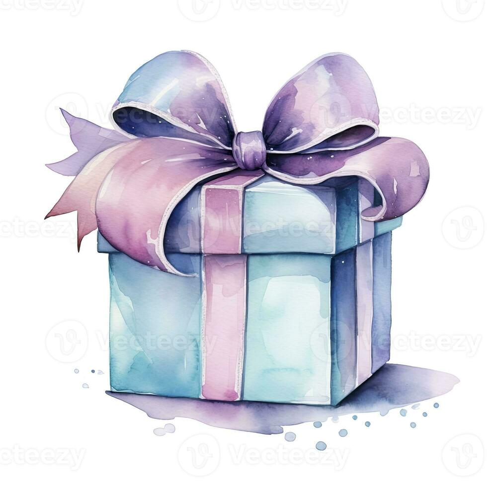 AI generated Watercolor birthday present with bow isolated on white background.  AI Generated photo