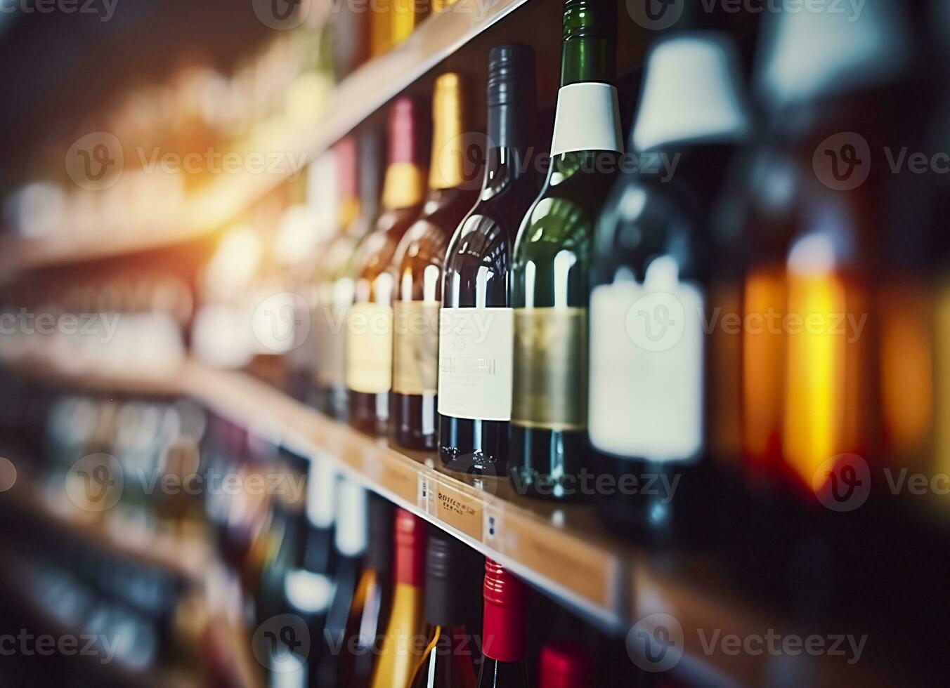 AI generated Abstract blur wine bottles on liquor alcohol shelves in supermarket store background. Generative AI photo