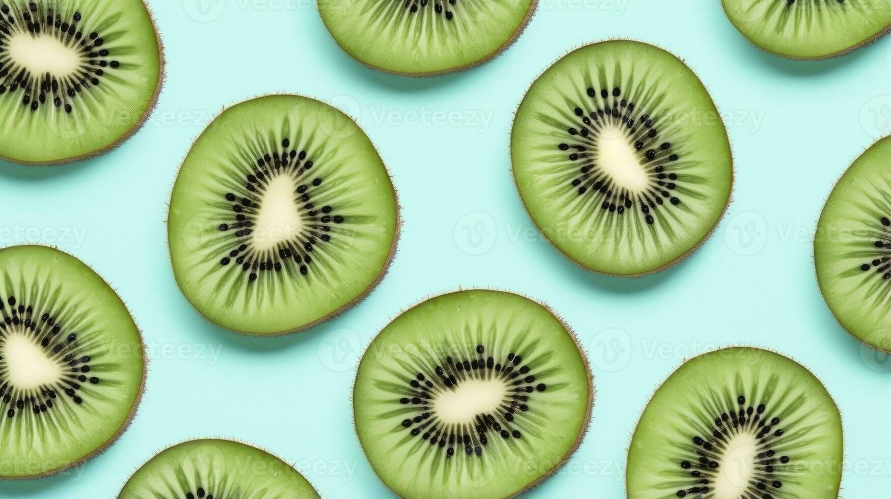 AI generated Slices of kiwi fruit and green mint leaves on a light pastel blue background. AI Generated photo