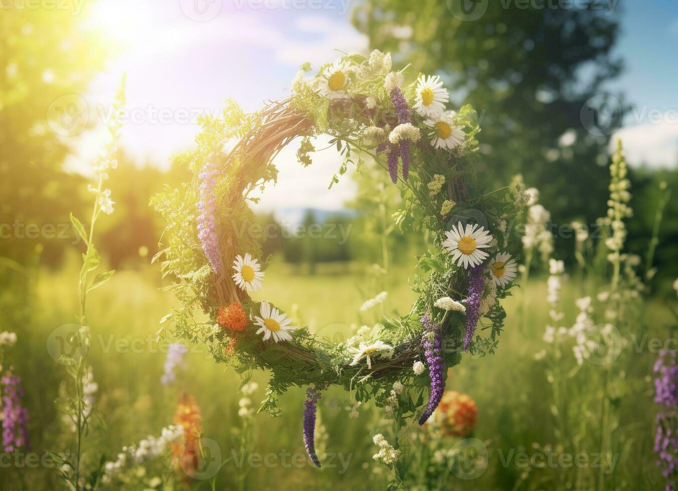 AI generated Rustic wildflowers wreath on a sunny meadow. Summer Solstice Day, Midsummer concept. Generative AI photo