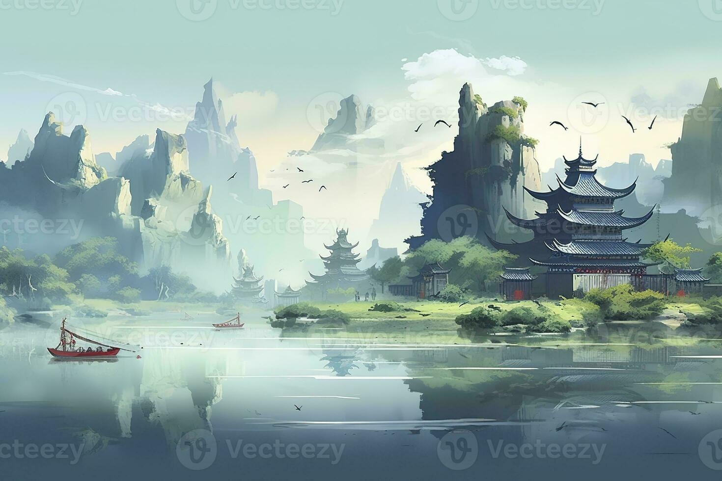 AI generated Chinese landscape map, distant mountains, clear rivers, ancient buildings, ships, birds, clouds and mist, brilliant light, AI Generative photo