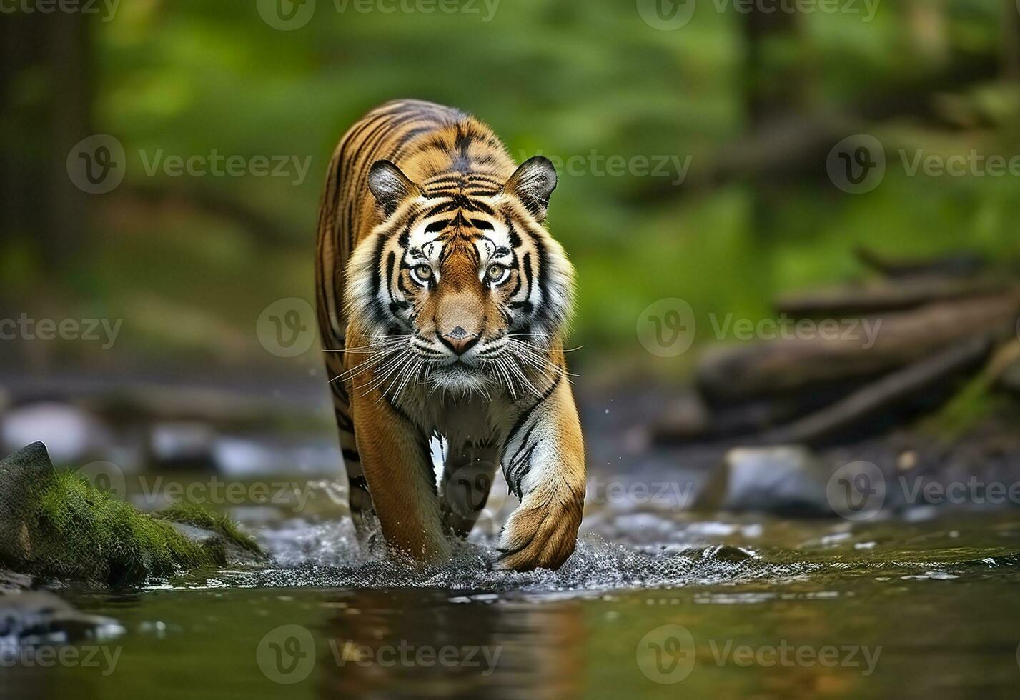 AI generated Amur tiger walking in the water. Dangerous animal.  Animal in a green forest stream. Generative AI photo