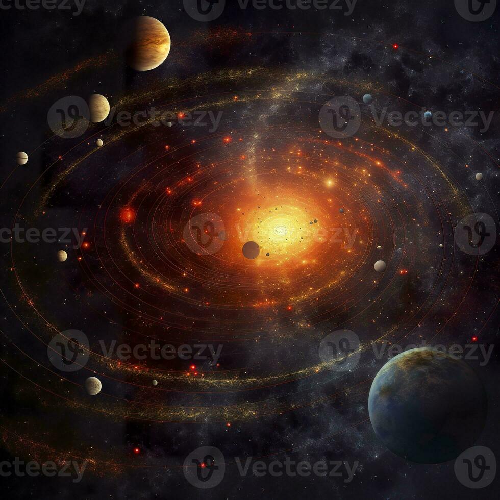 AI generated Our 3d Solar system with planets in orbits path. AI Generative photo