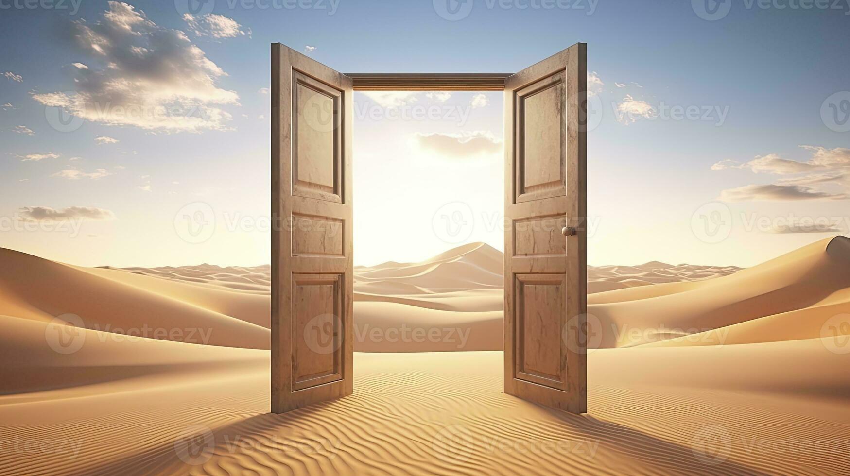 ai generado el abrió puerta en el desierto. desconocido y comienzo arriba concepto. ai generado. foto