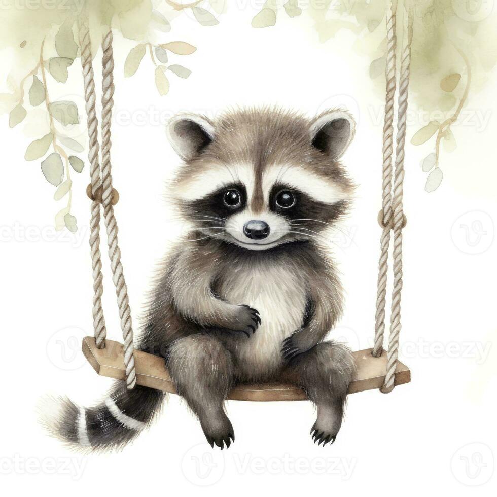 AI generated Cute baby raccoon in watercolour style, sitting on swings attached to the tree. AI Generated photo