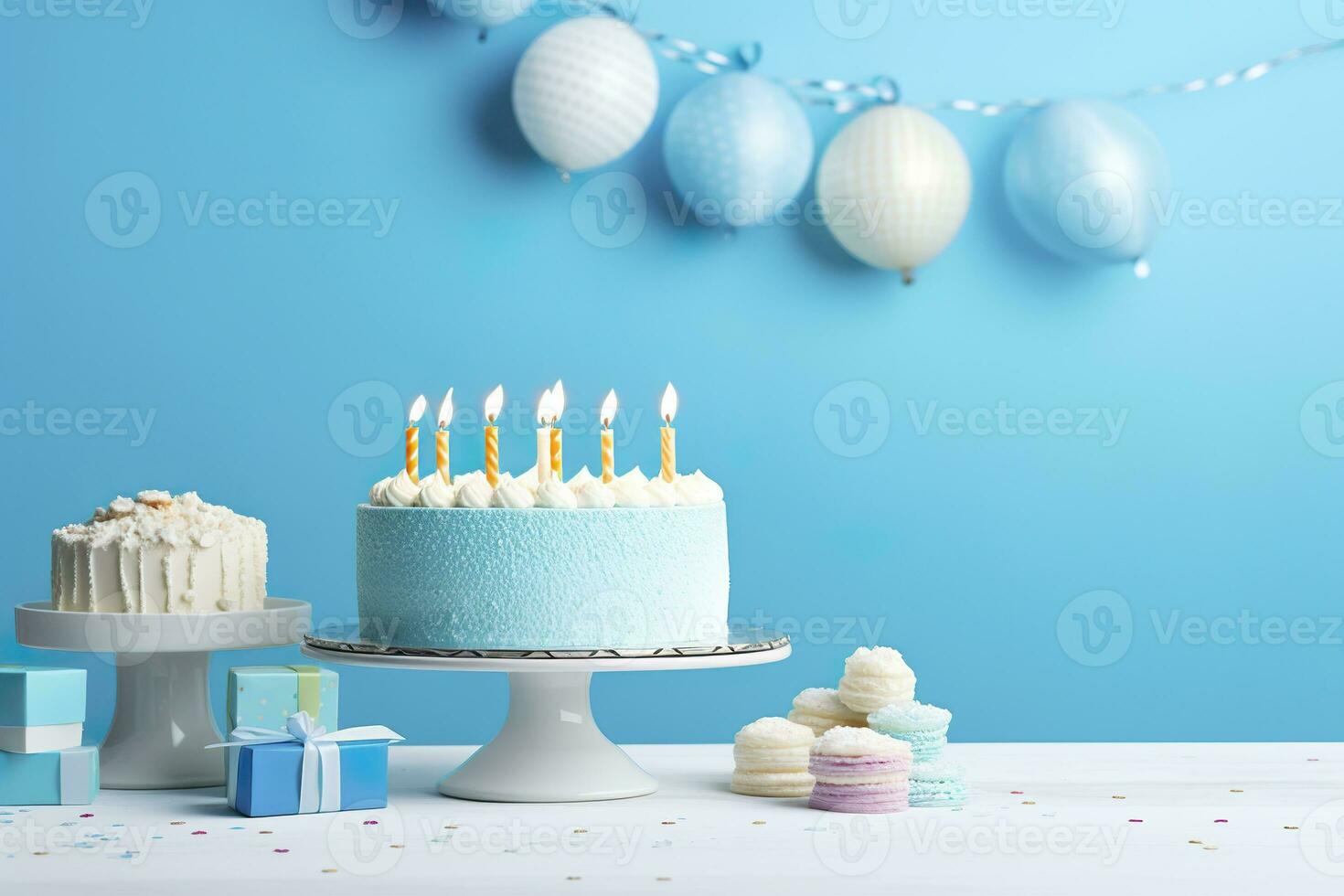 AI generated Birthday cake with candles and sweets on white table near blue wall. Generative AI photo