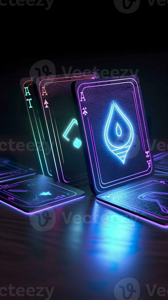 AI generated Some playing cards with glowing neon designs on a tablet. Generative AI photo