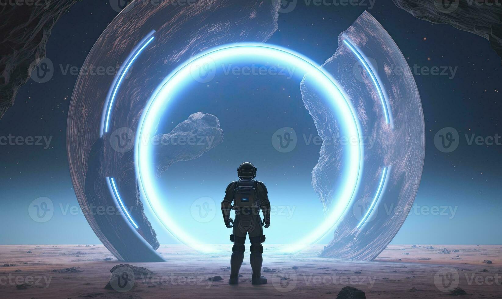 AI generated Astronaut in front of dimensional portal.  AI Generated. photo