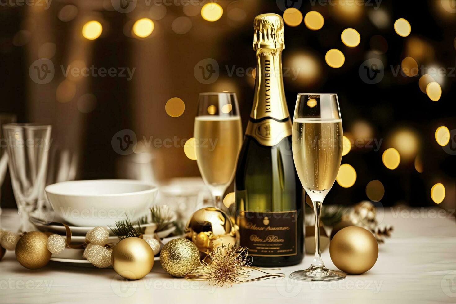 AI generated Christmas table setting with holiday decorations in gold color. AI Generated photo