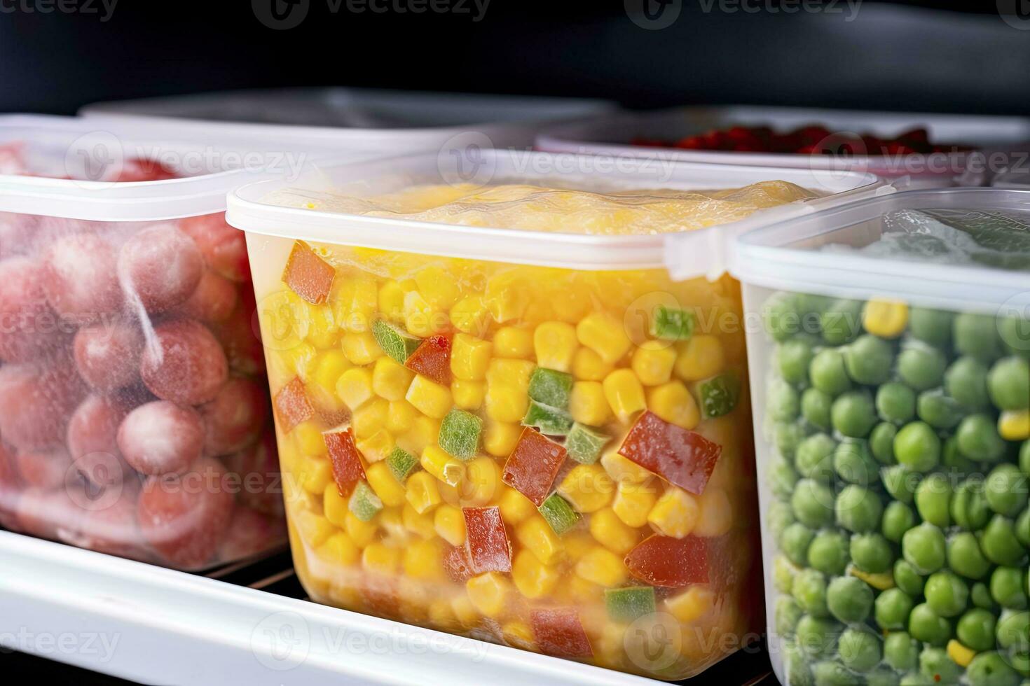 AI generated Frozen food in the freezer. Frozen vegetables. AI Generated photo