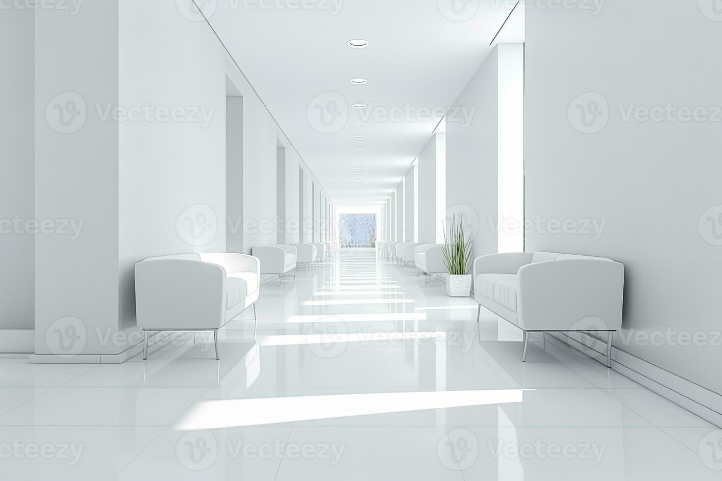 AI generated Interior design of a modern luxurious white building corridor or hallway with waiting seat. AI Generated photo