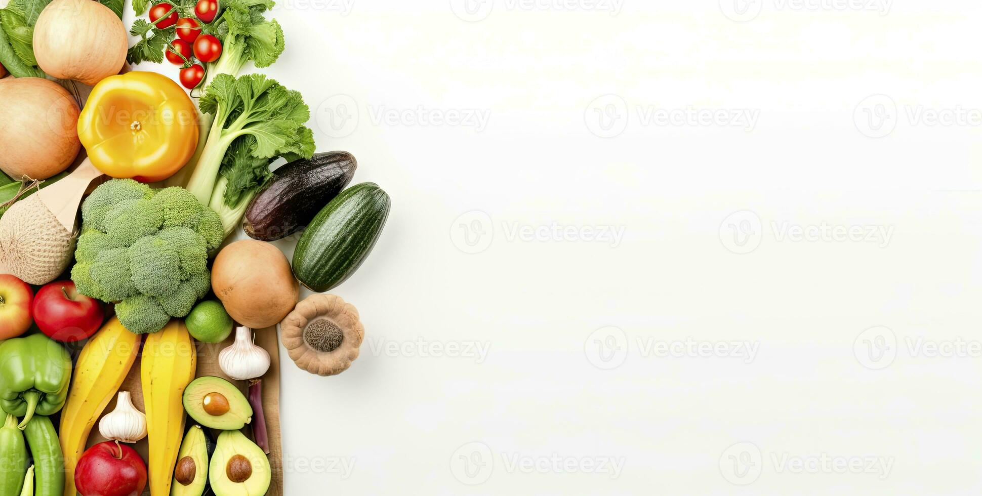 AI generated Healthy food in paper bag vegetables and fruits on white background. AI Generated photo