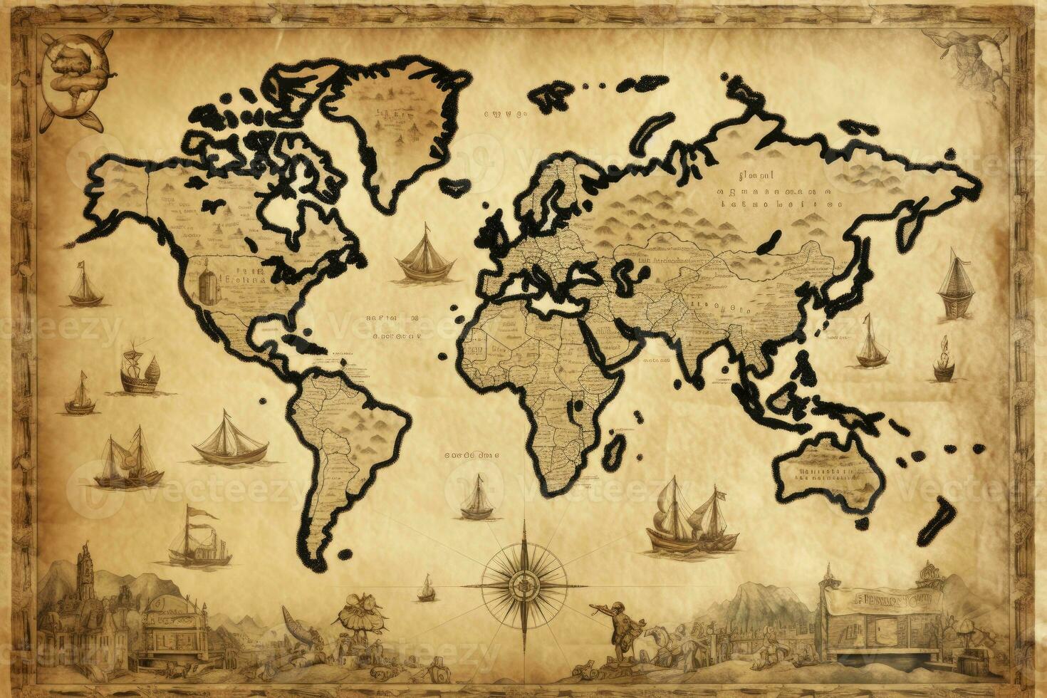 AI generated Great detailed illustration of the world map in vintage style. AI Generated photo