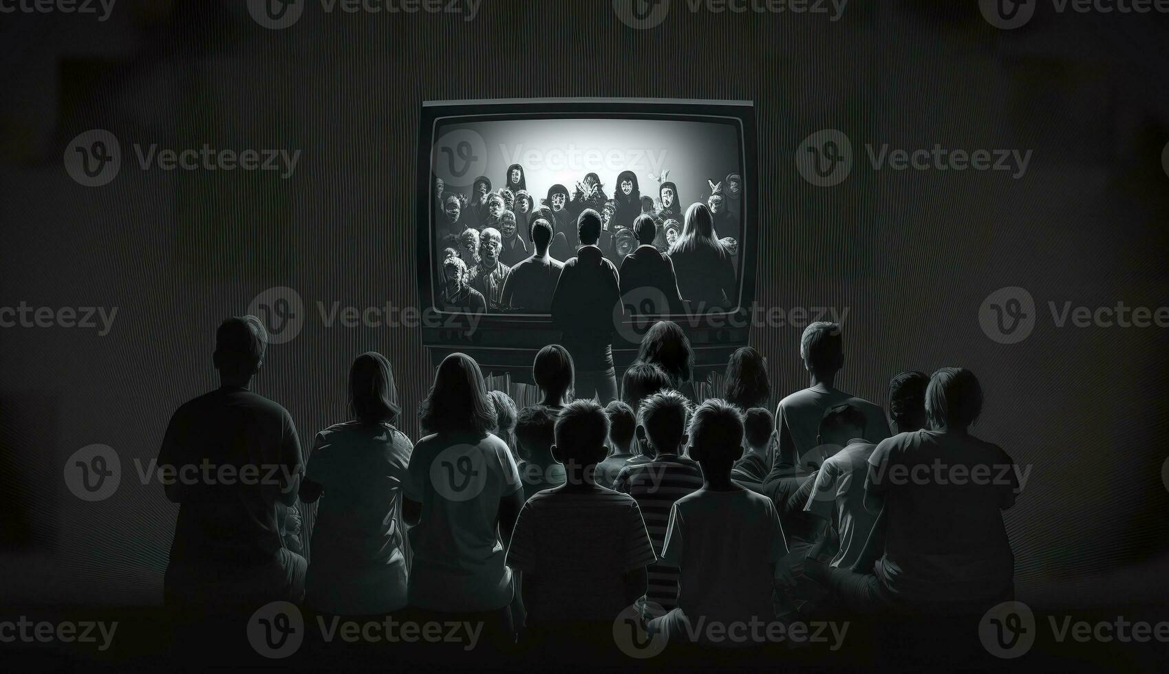 AI generated People crowd watching TV. TV addiction, propaganda and fake news concept. Generative AI photo