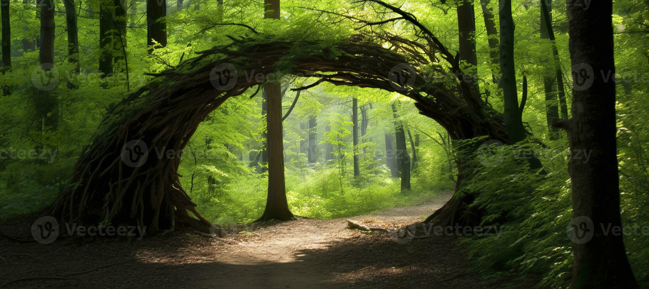 AI generated Natural archway shaped by branches in the forest. AI Generated photo