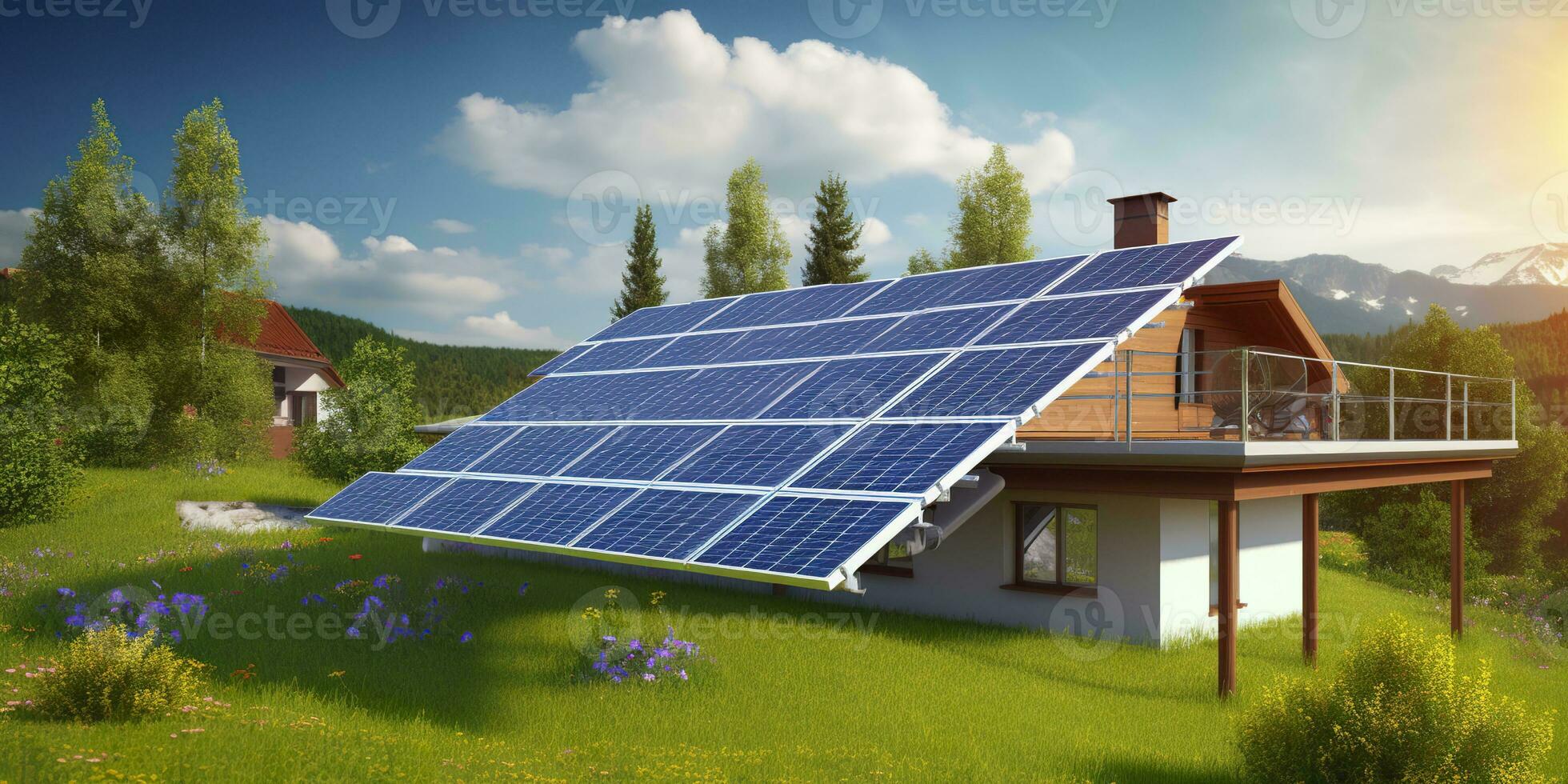 AI generated Photovoltaic solar panels. Sustainable energy. A mini power plant for a home. Generative AI photo