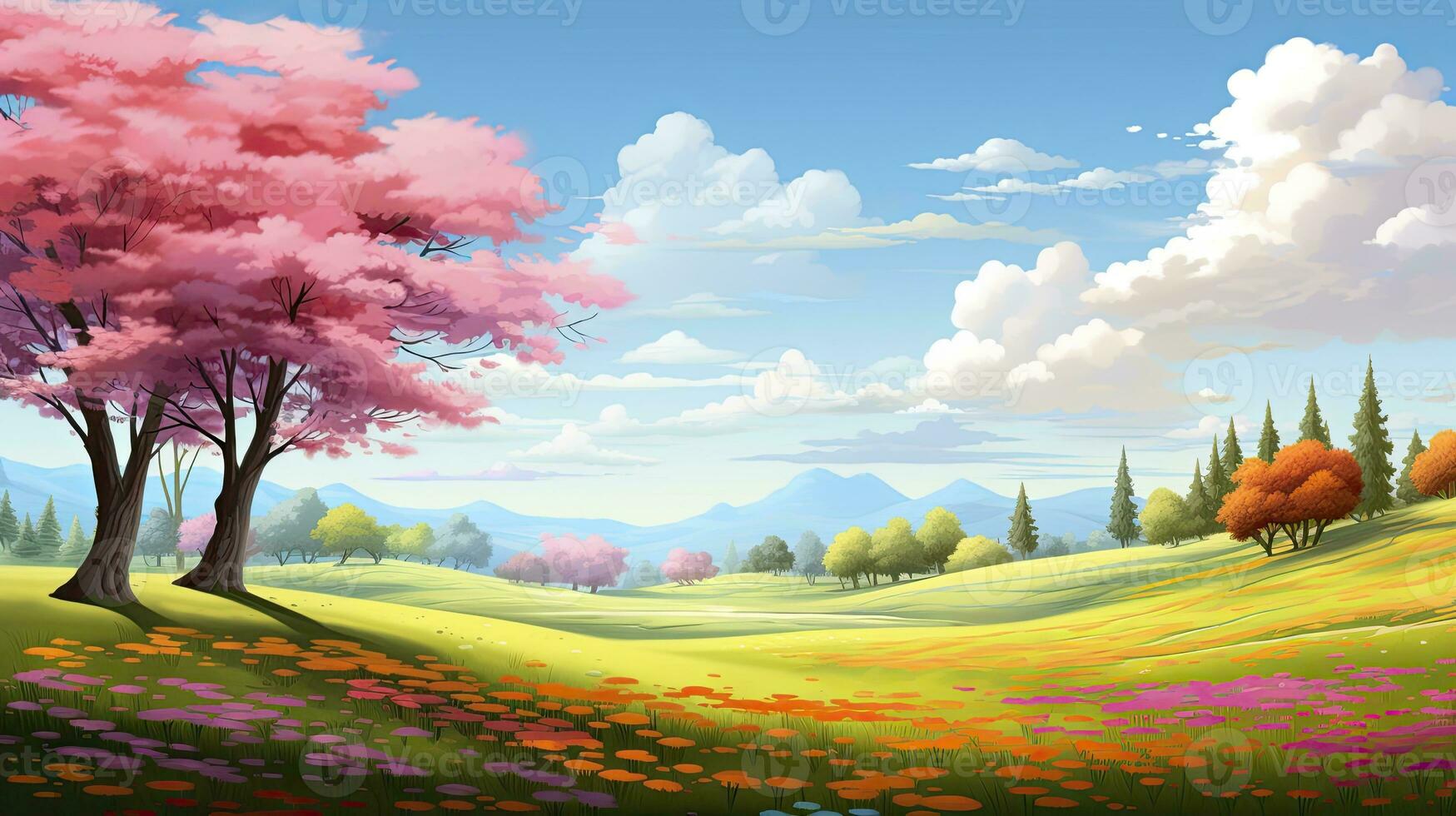 AI generated Spring season with colorful flowers and trees in a pretty meadow or field. AI Generated. photo