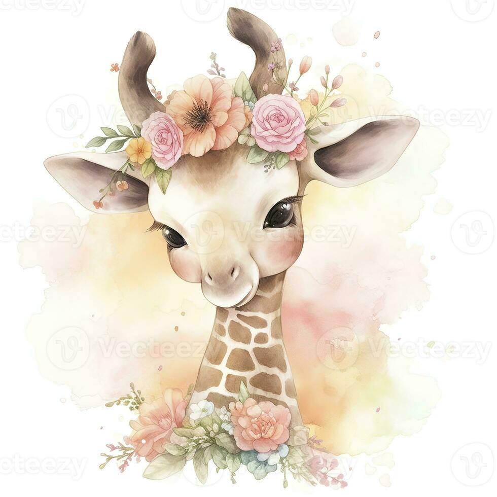 AI generated Watercolor Baby Giraffe. AI Generated photo