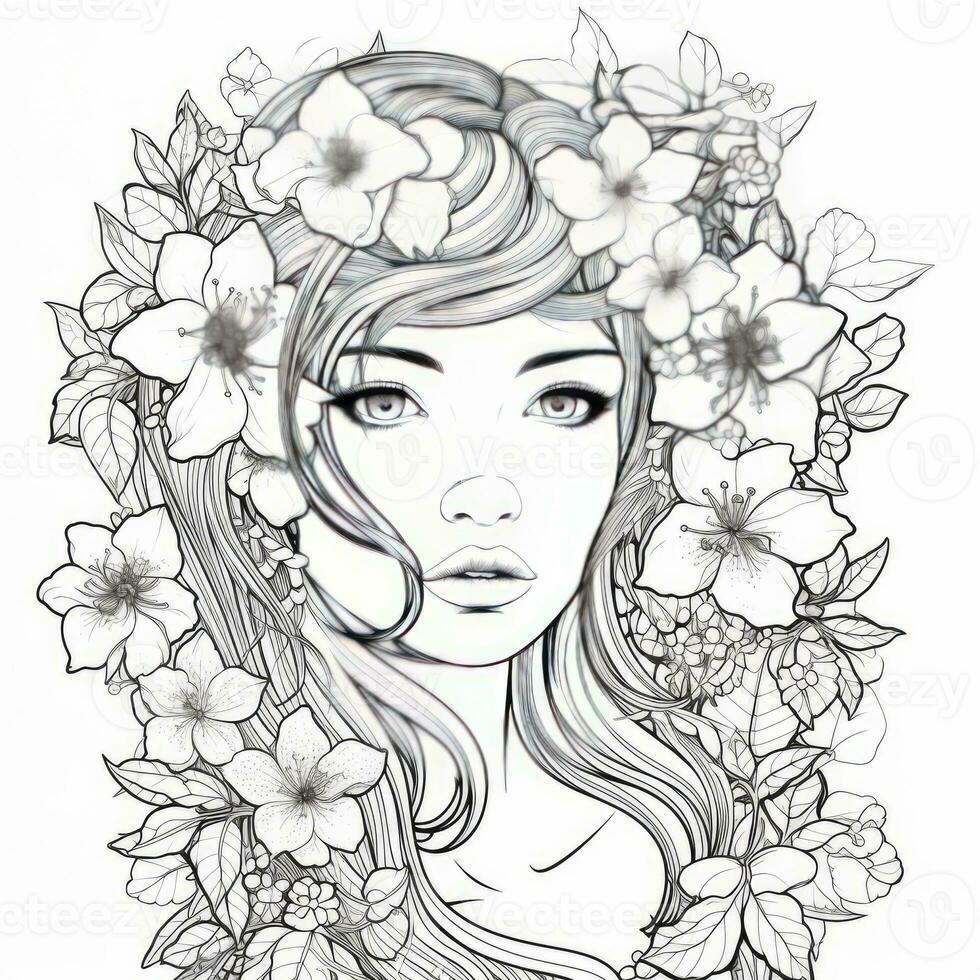 AI generated A girl on a coloring book page with Jasmine flowers. AI Generated photo