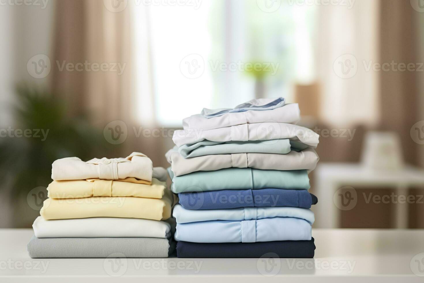 AI generated Stack of clean clothes on table in room. Generative AI photo