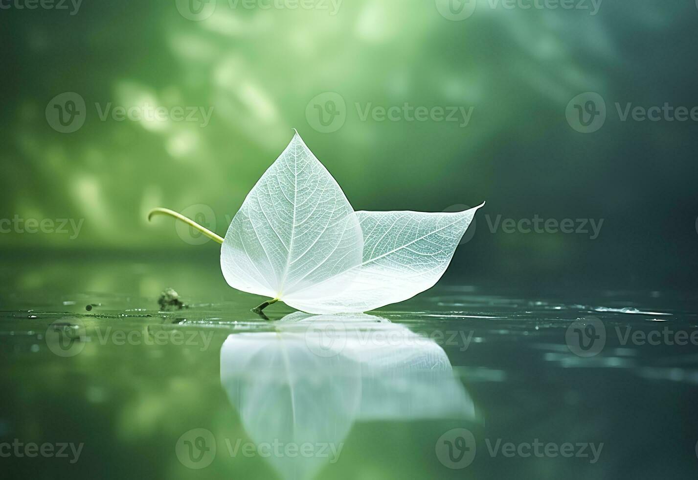 AI generated White transparent leaf on mirror surface with reflection on green background macro. Generative AI photo