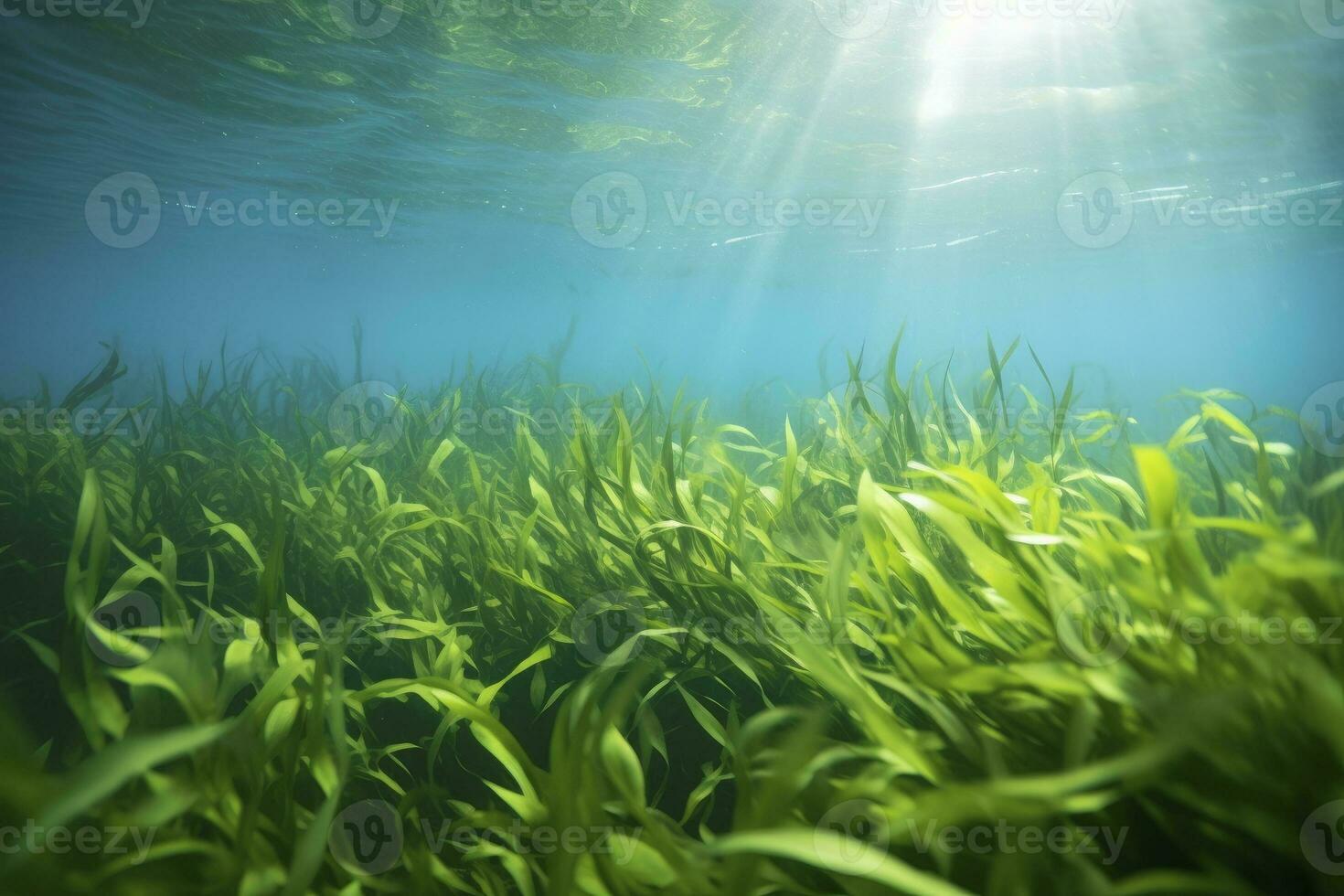 AI generated Underwater view of a group of seabed with green seagrass. AI Generated photo