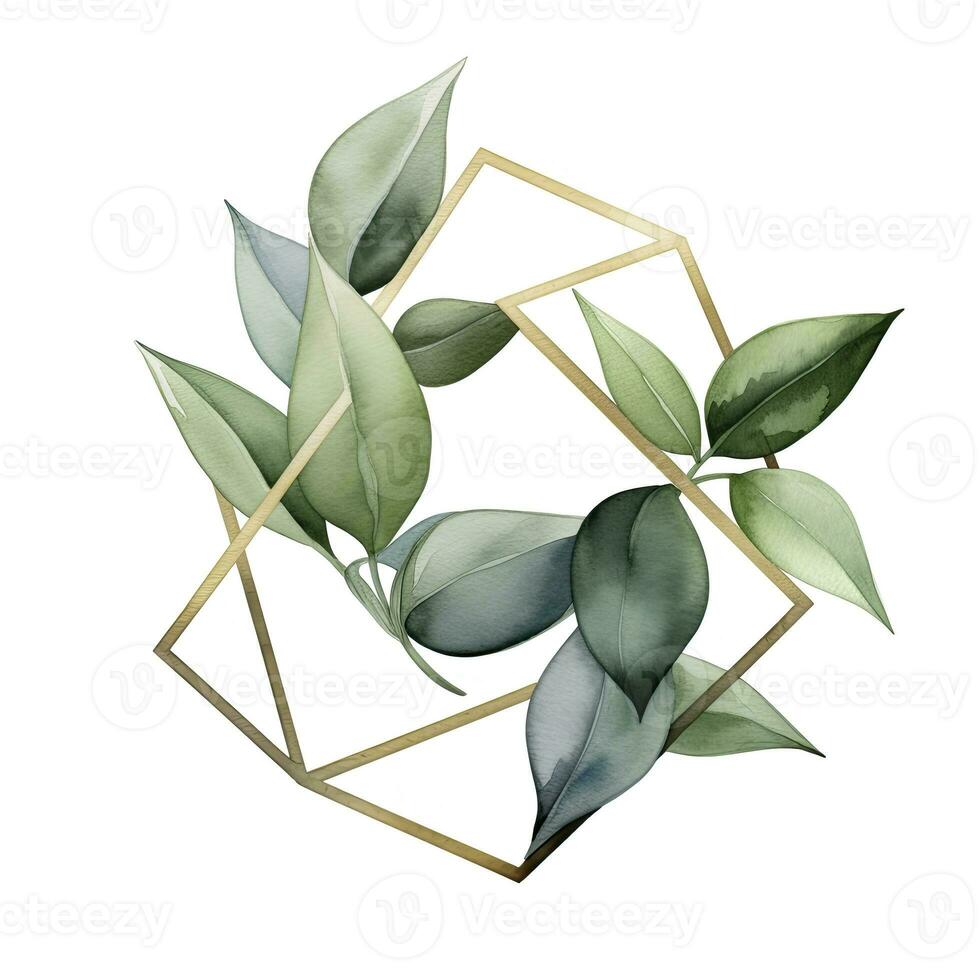 AI generated Watercolor geometry shape wreath with green leaf. AI Generated photo