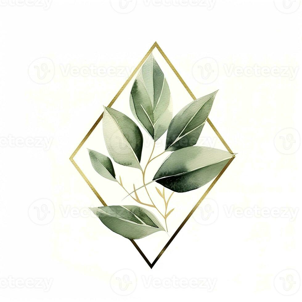 AI generated Watercolor geometry shape wreath with green leaf. AI Generated photo