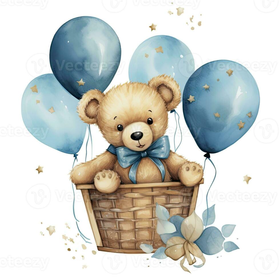 AI generated A watercolor baby teddy bear is sitting in the basket with blue and gold balloons. AI Generated photo