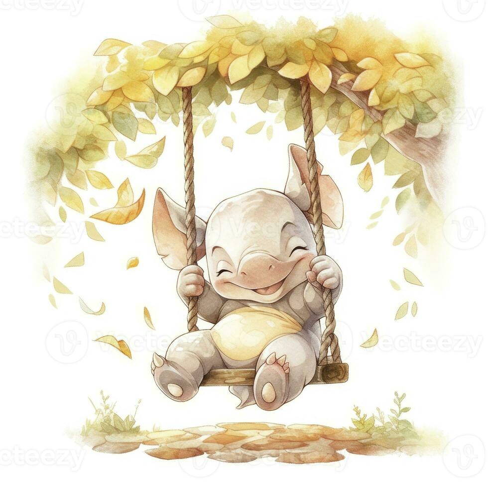 AI generated Cute happy baby rhino on swings in the tree in watercolor style. AI Generated photo