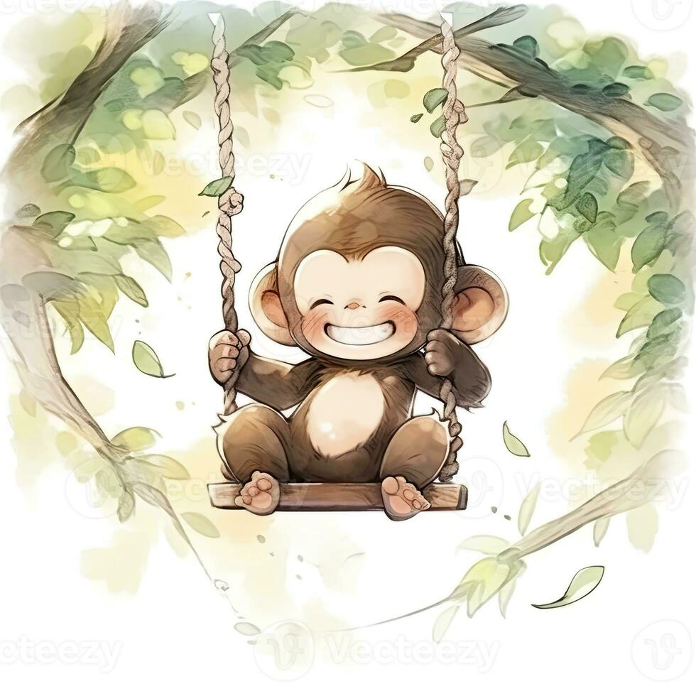ai generado linda contento bebé mono en columpios en un árbol en acuarela. ai generado foto
