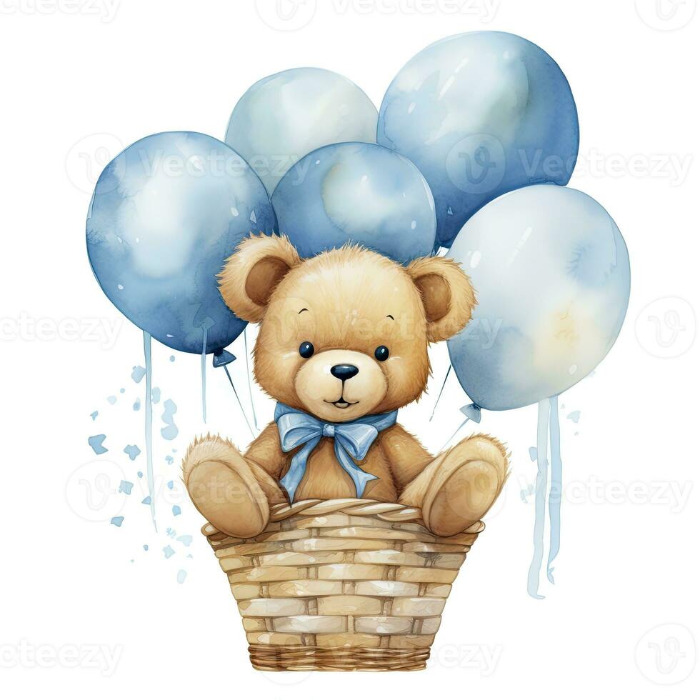 AI generated A watercolor baby teddy bear is sitting in the basket with blue and gold balloons. AI Generated photo