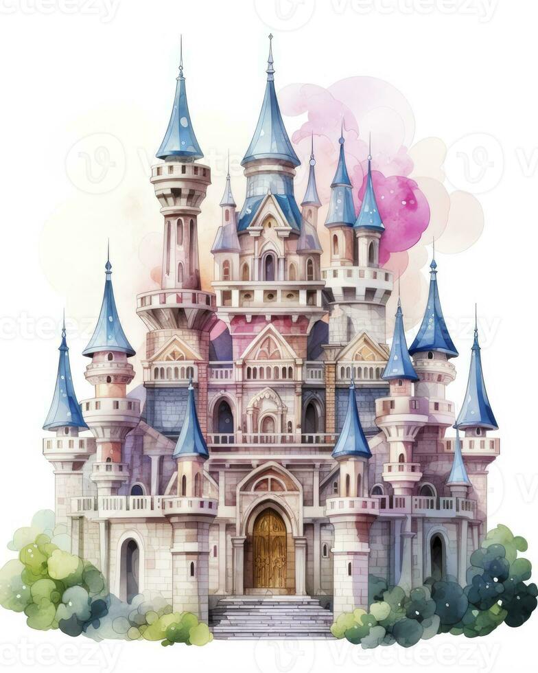 AI generated Colorful watercolor kawaii castle isolated on white background. AI Generated photo