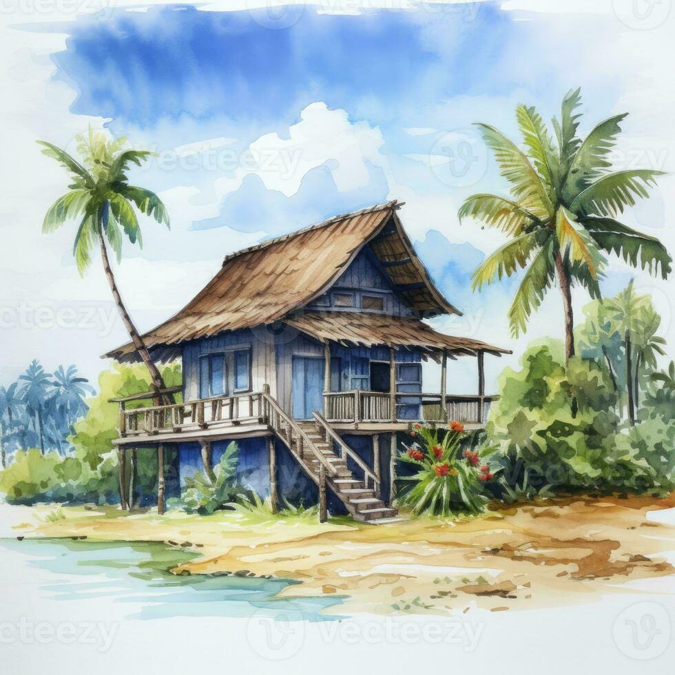 AI generated A watercolored bright serene image of a traditional bahay kubo. AI Generated photo