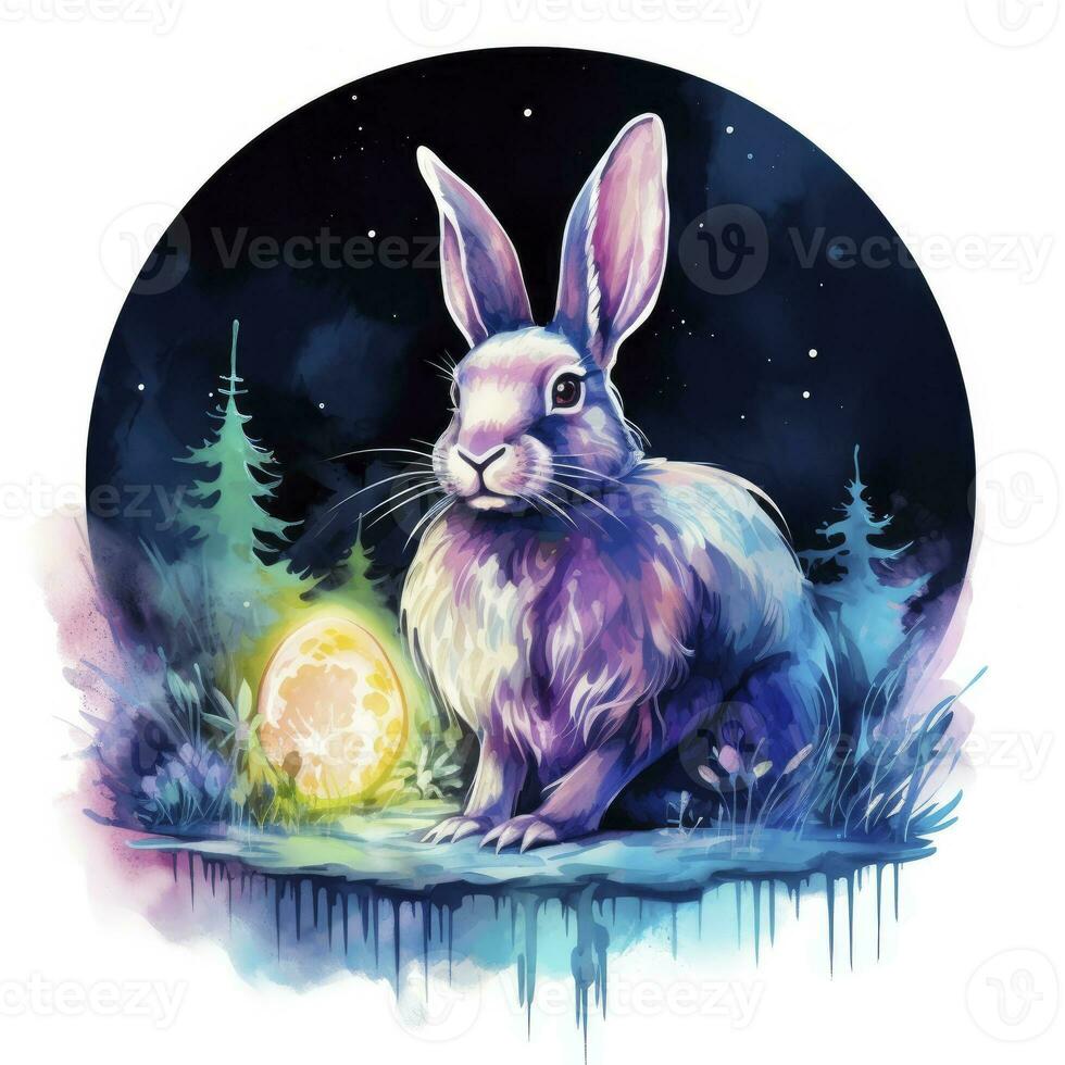 AI generated Watercolor Rabbit and Glowing Moon for T-shirt Design. AI Generated photo