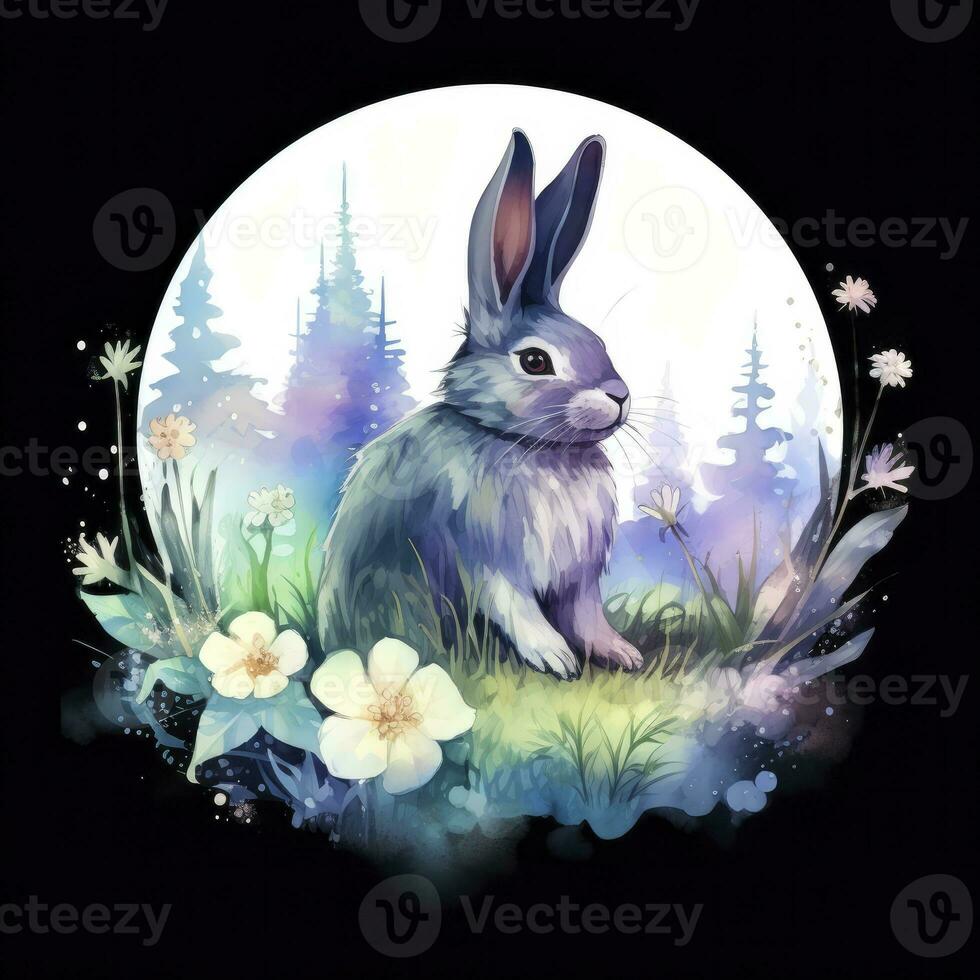 AI generated Watercolor Rabbit and Glowing Moon for T-shirt Design. AI Generated photo