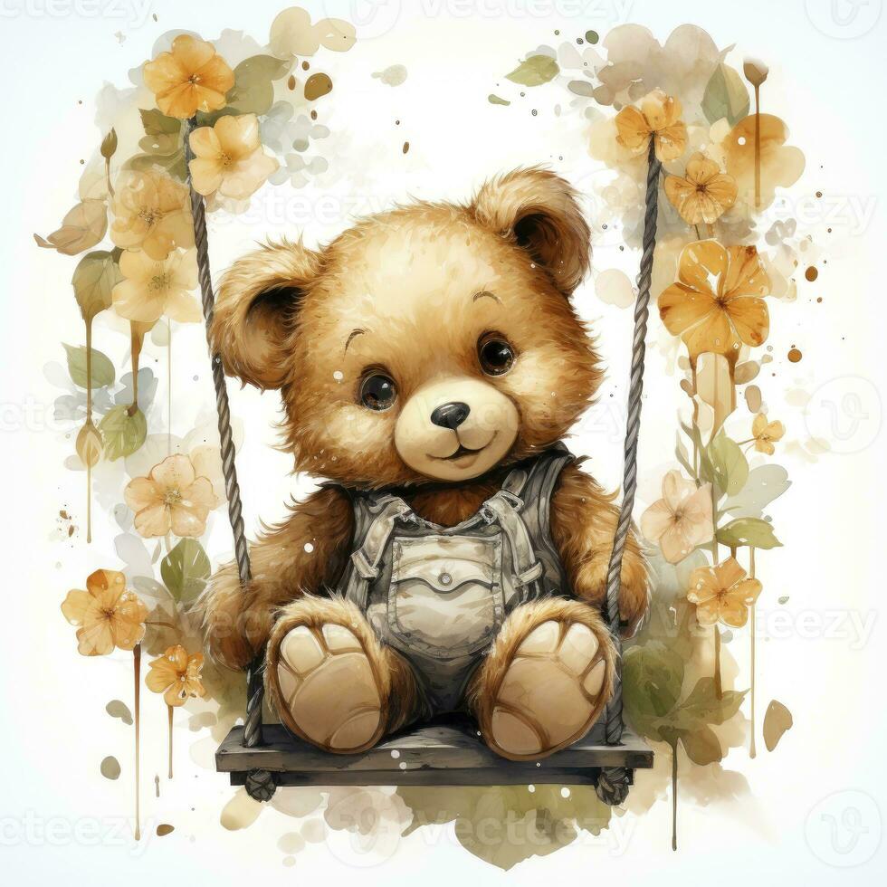 AI generated A cute happy teddy bear swings on a tree on a white background. AI Generated photo