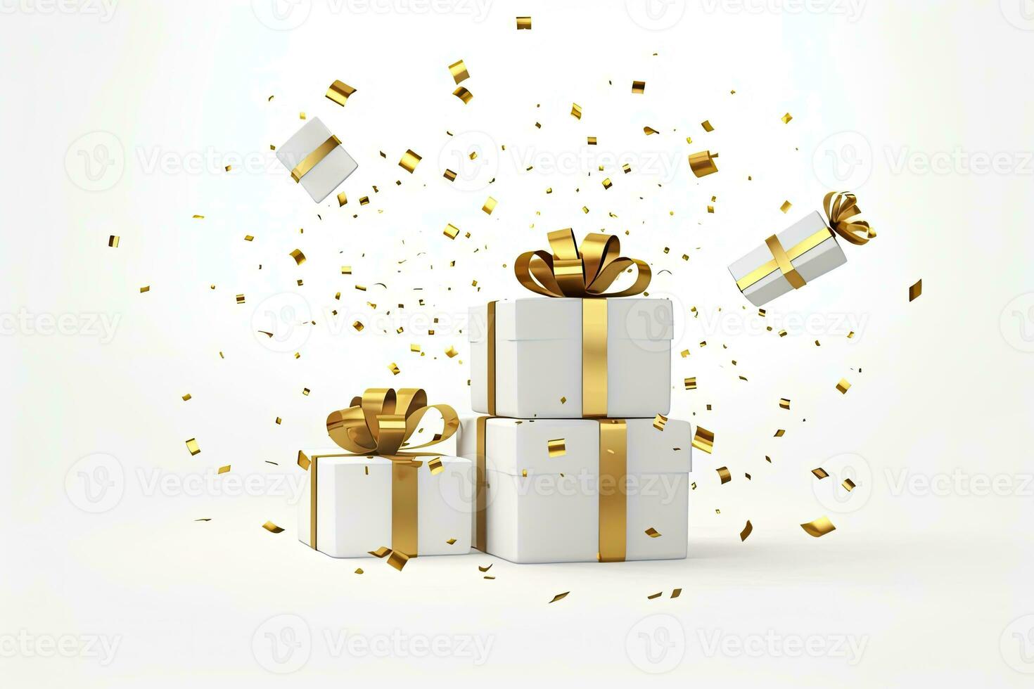 AI generated Merry New Year and Merry Christmas 2024 white gift boxes with golden bows and gold sequins confetti on white background. AI Generated photo