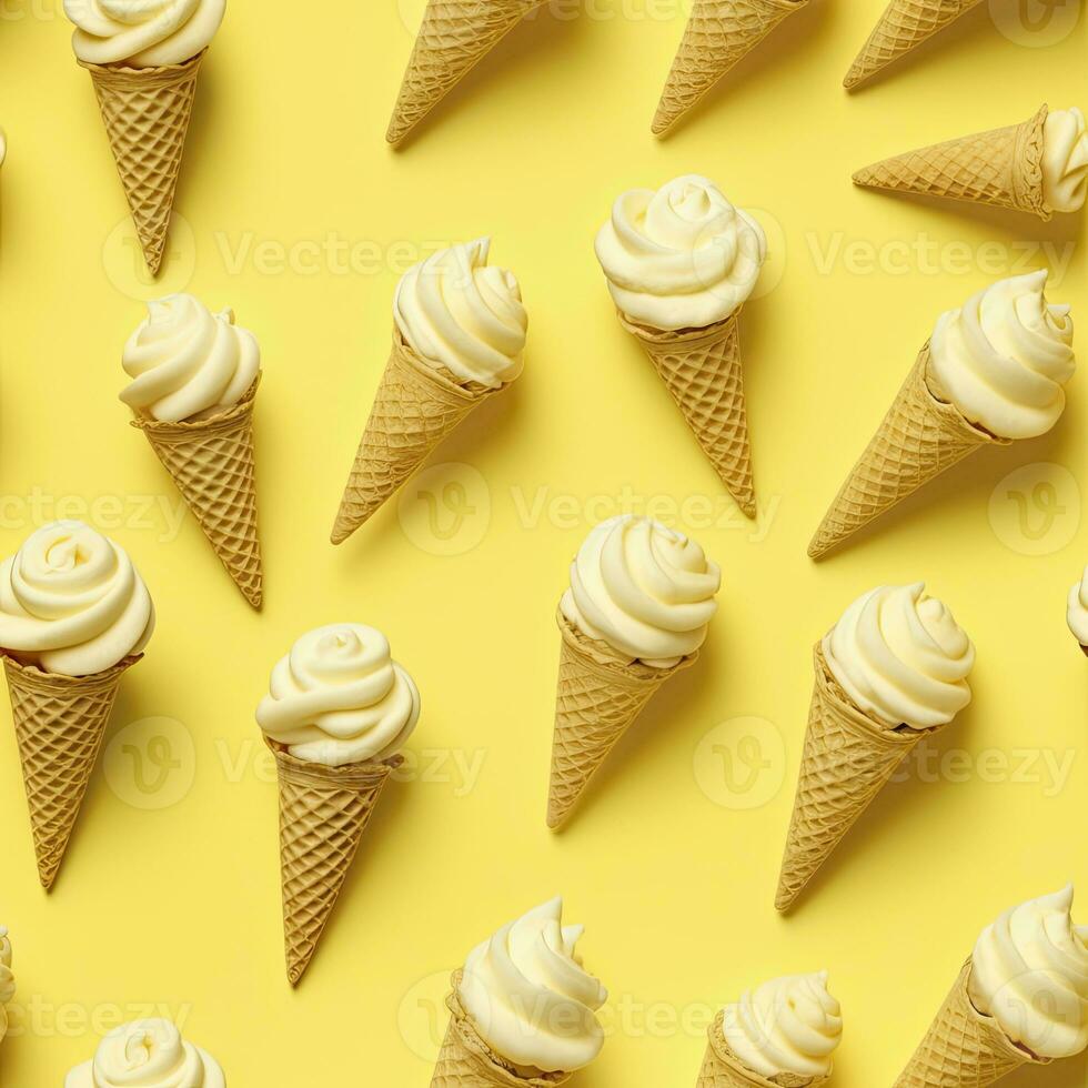 AI generated Ice Cream pattern on yellow background, top view. AI Generated photo
