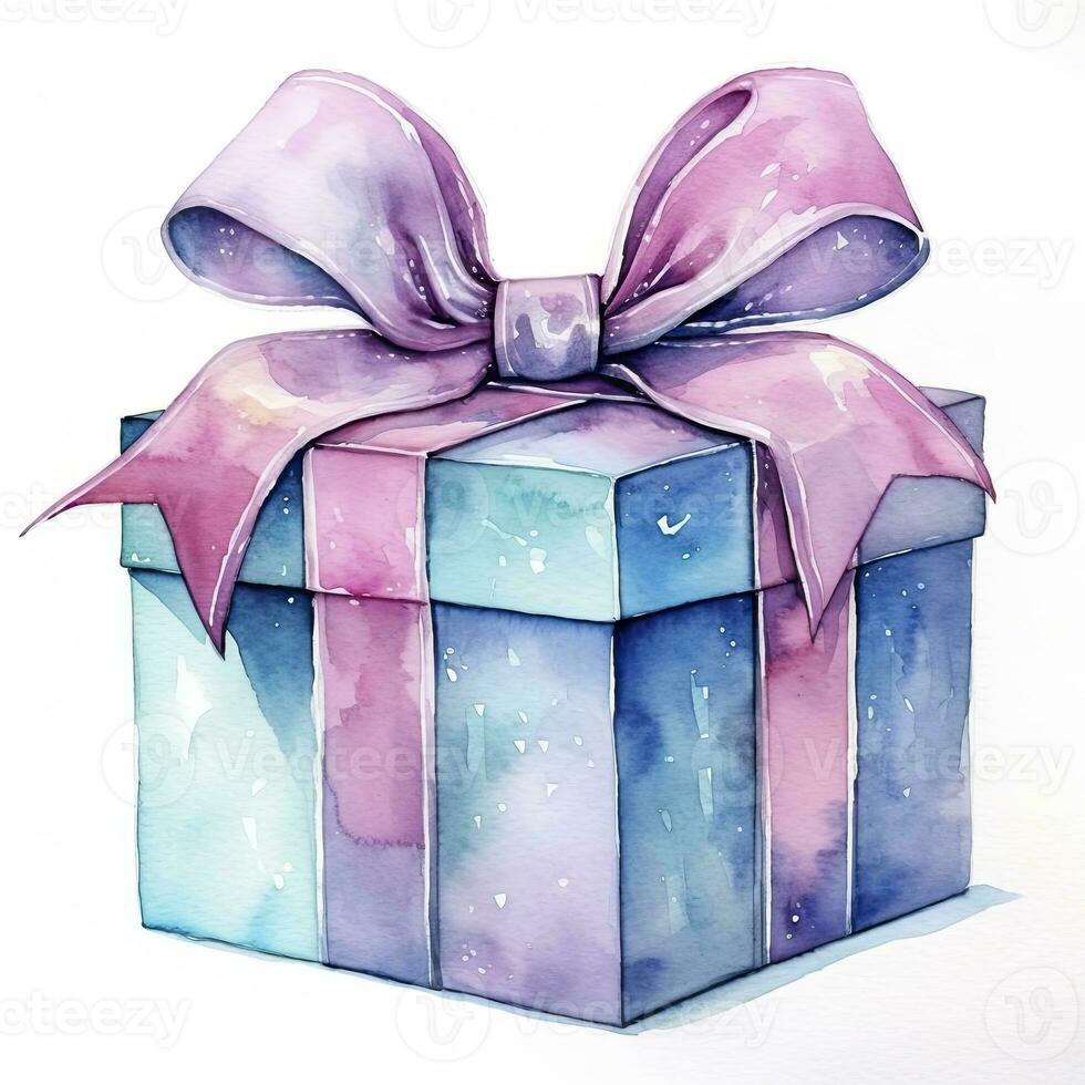 AI generated Watercolor birthday present with bow isolated on white background.  AI Generated photo