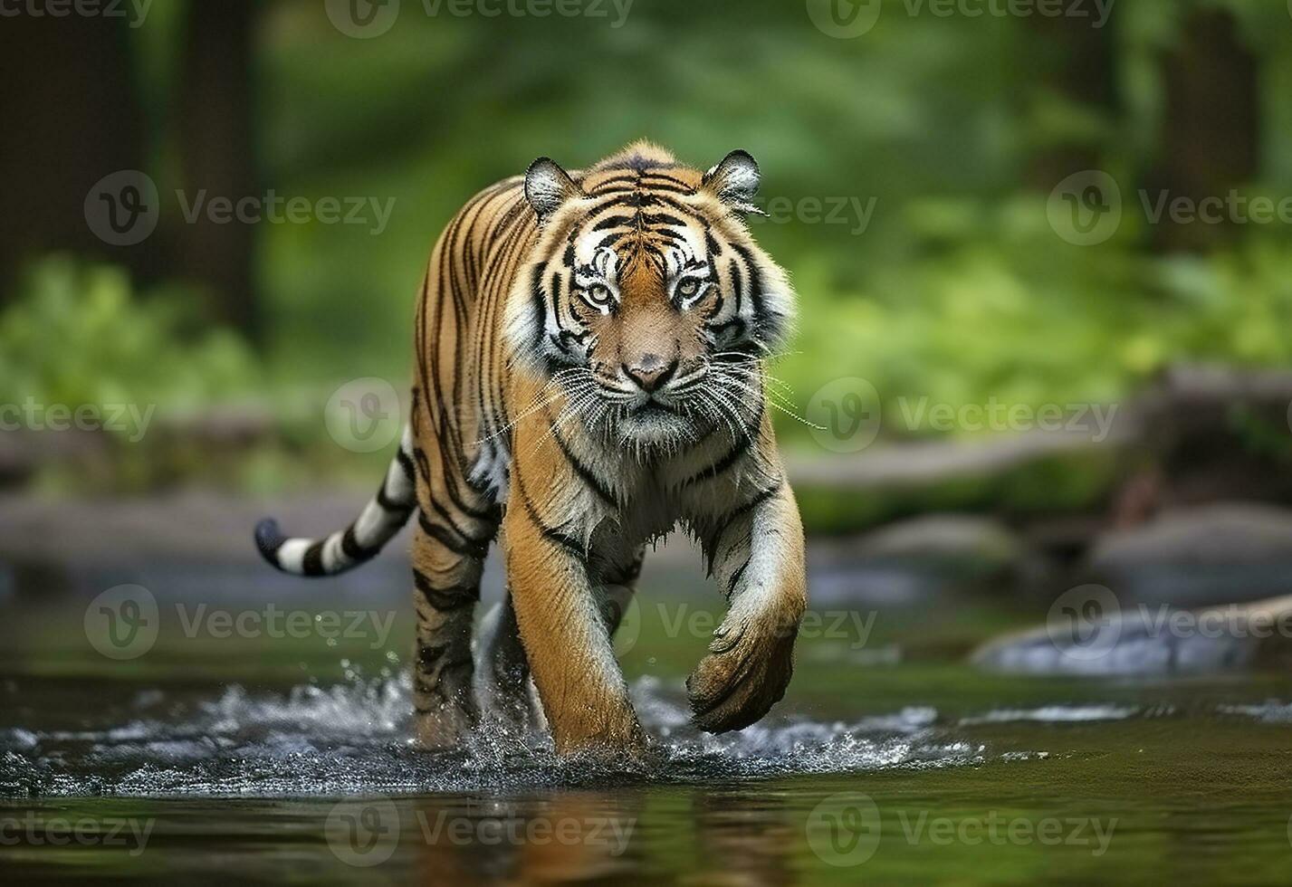 AI generated Amur tiger walking in the water. Dangerous animal.  Animal in a green forest stream. Generative AI photo