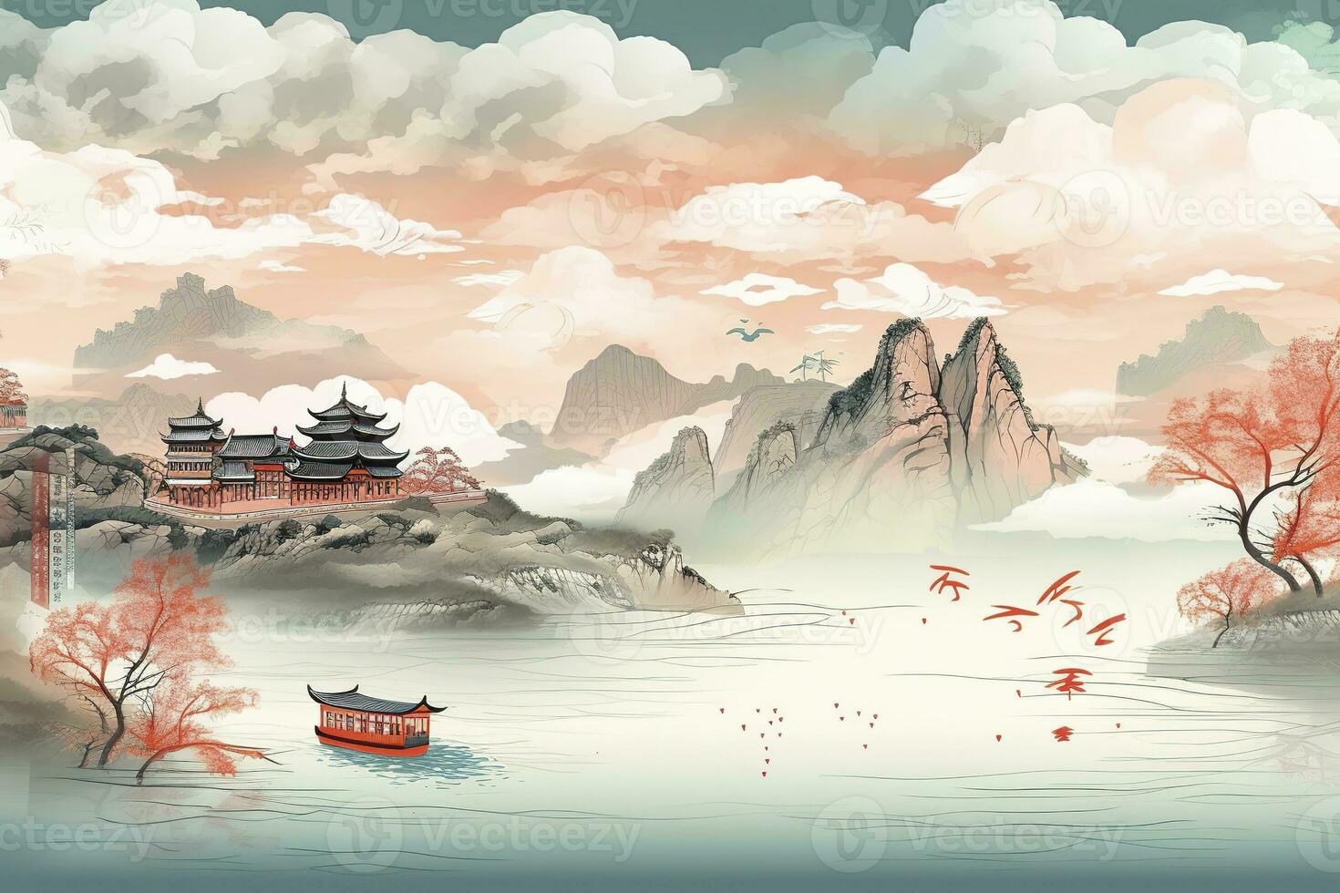 AI generated Chinese landscape map, distant mountains, clear rivers, ancient buildings, ships, birds, clouds and mist, brilliant light, AI Generative photo