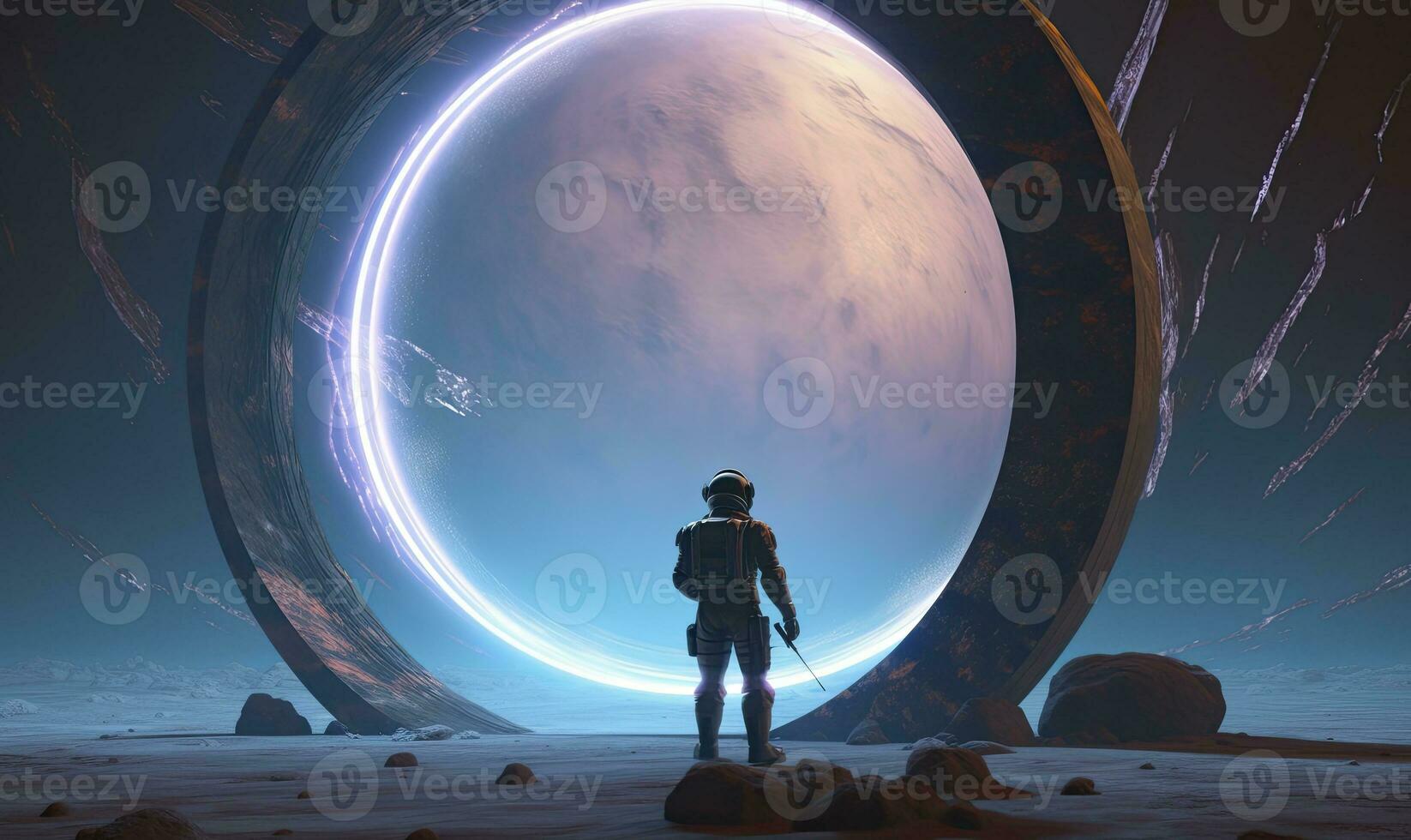 AI generated Astronaut in front of dimensional portal.  AI Generated. photo
