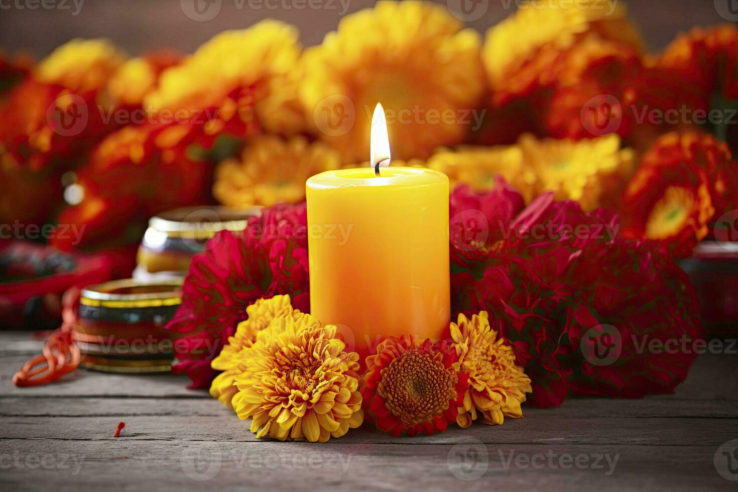 AI generated Candles and marigold flowers. Day of the dead concept dia de los muertos. AI Generated photo
