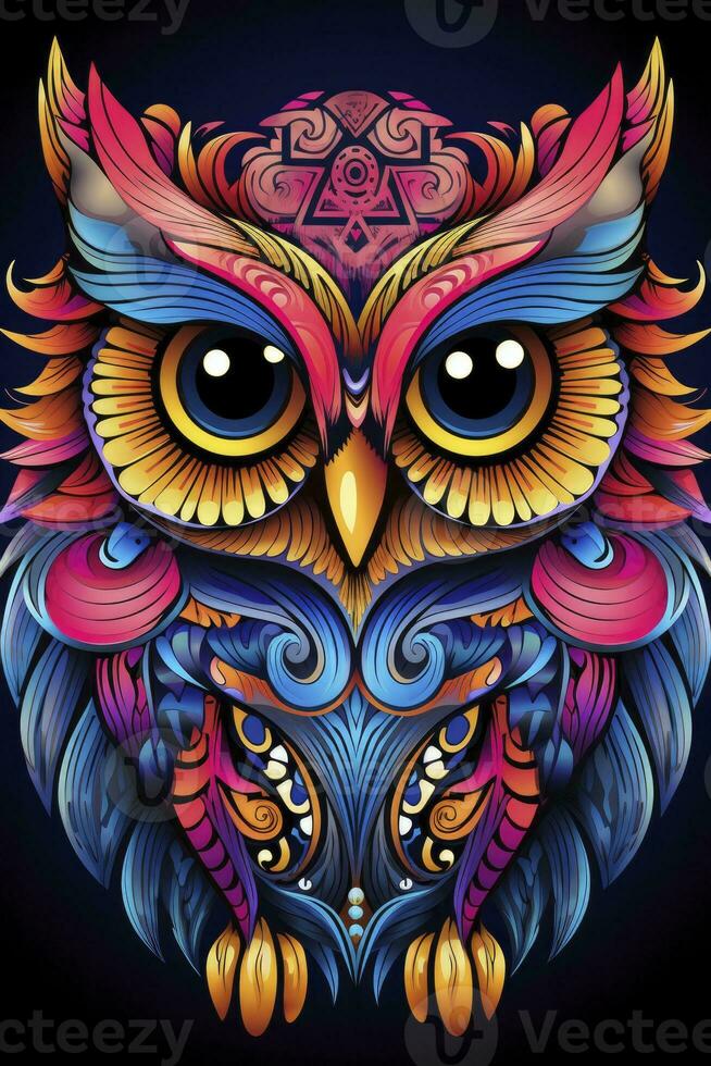 AI generated Multicolored mandala owl coloring page for adults. AI Generated photo